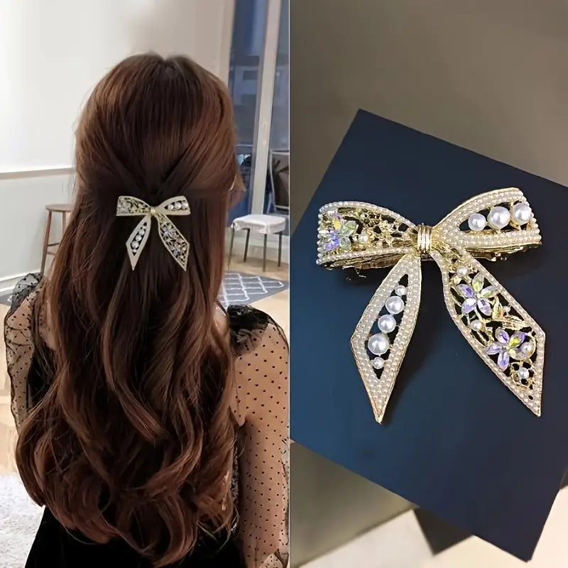 Chic Elegance – Crystal &amp; Pearl Bow Hair Clip