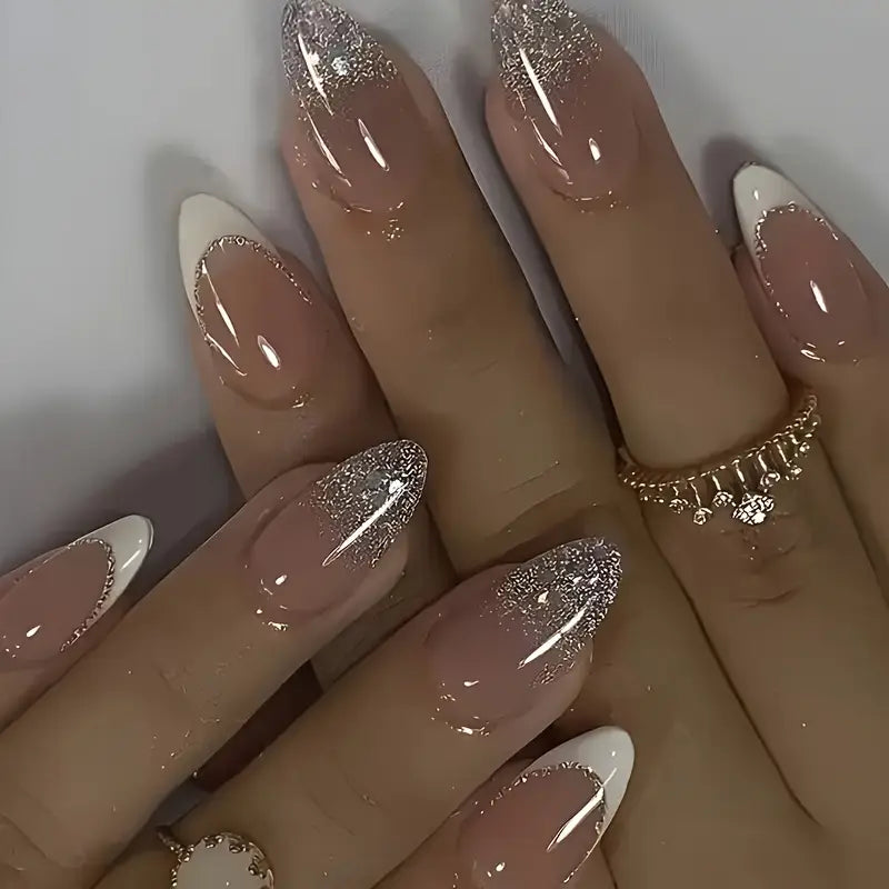 💅 24-Piece Medium Almond Press-On Nail Kit Nude Glitter Gradient • Sparkling Pink Dots • Matte Finish Includes Mini Nail File & Jelly Glue