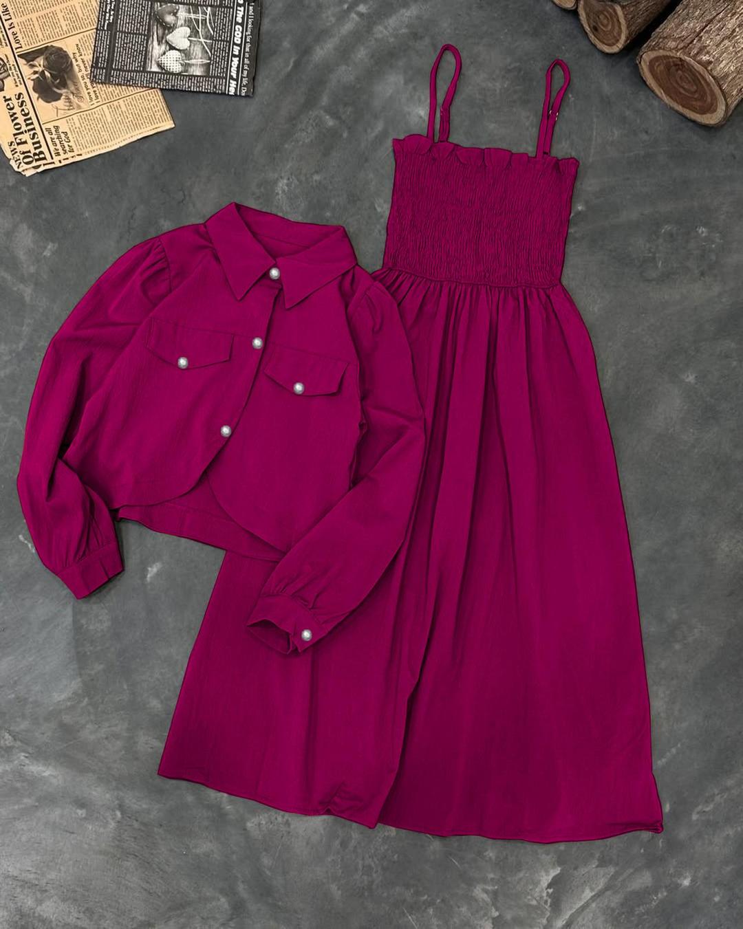 Kaaj Button Coati With Gazer Romper Frock - 2 Pcs Soft Cotton Plain Ensemble