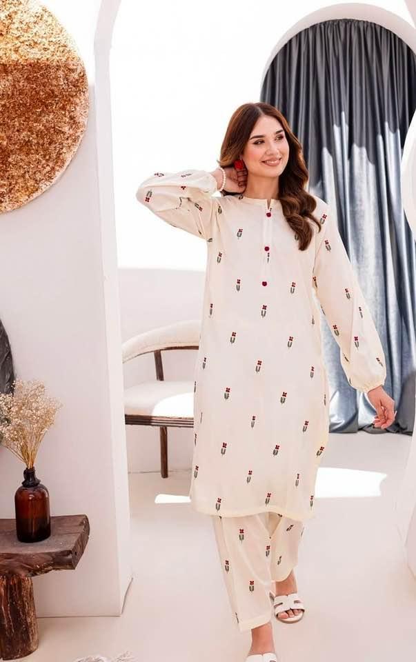2 Pcs Women's Stitched Embroidered Shirt And Trouser