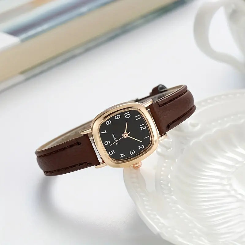 Elegant Women’s PU Leather Quartz Watch – Square Bezel, Black Dial & Golden Hands, Brown or Black Strap
