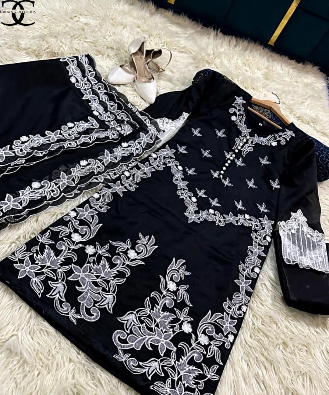 3 Pcs Women's Stitched Organza Embroidered Suit