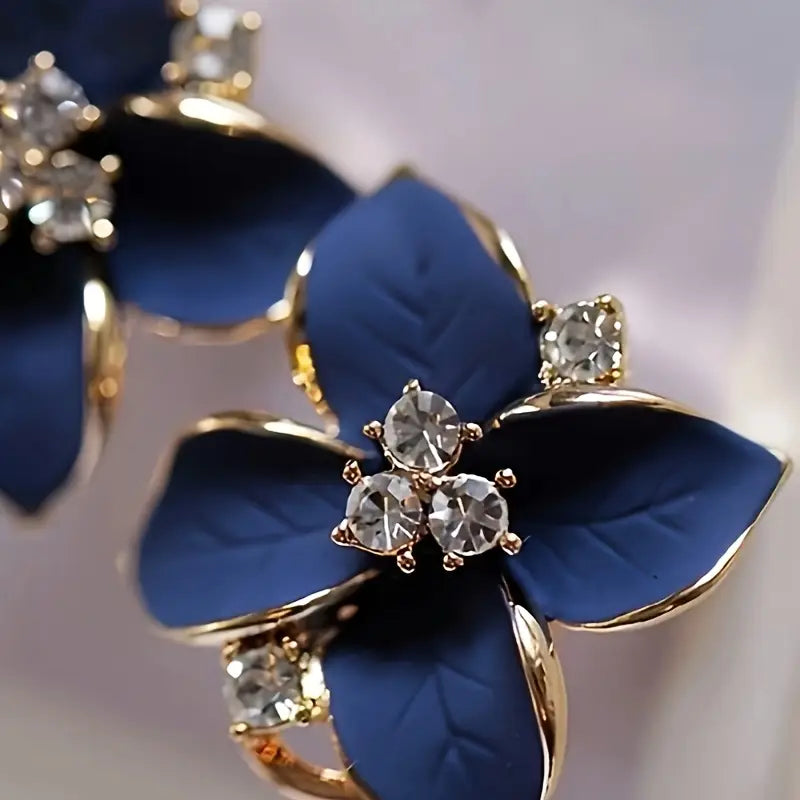 Elegant Blue Camellia Crystal Stud Earrings — 925 Silver Post, Zinc Alloy Setting — Perfect for Everyday & Party Wear