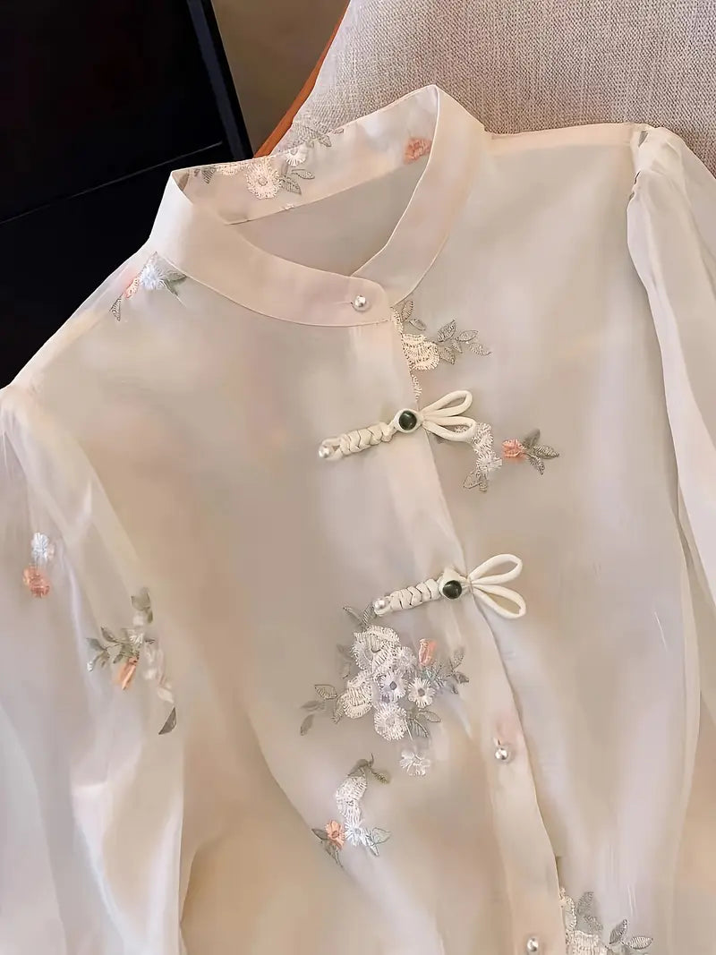 🌸 Elegant Chinese-Style Embroidered Chiffon Blouse 🌸 Mandarin Collar • Long Sleeves • Decorative Bow Detail • Solid Color
