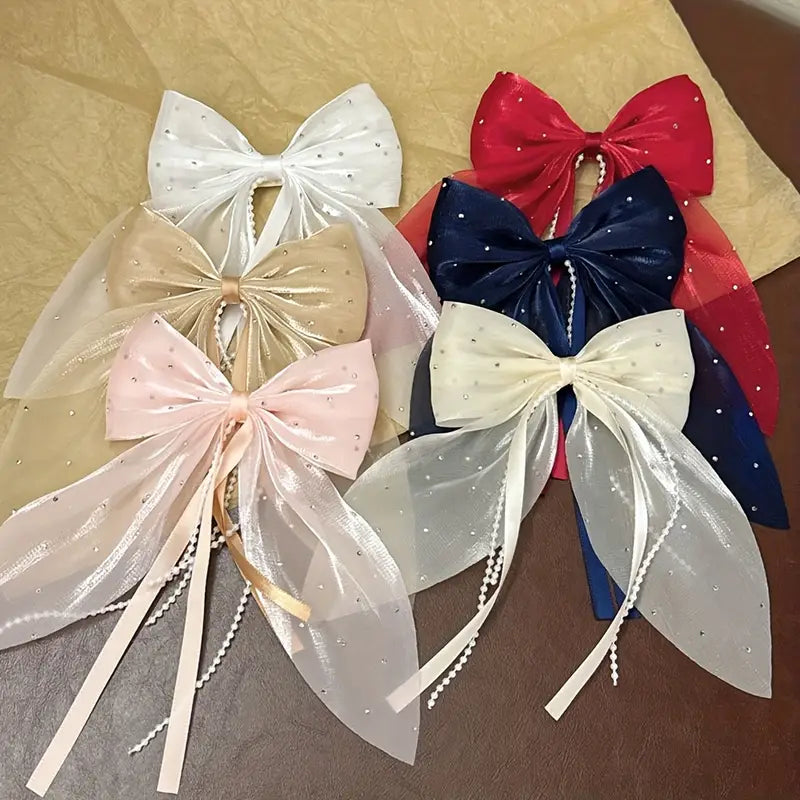 Butterfly Hair Clip with Sparkling Star Beads & Glittery Satin Bow — 1pc, Mixed Colors (White/Red/Navy) — Princess & Knight Theme Accessory for Women — Prom, Weddings, Parties