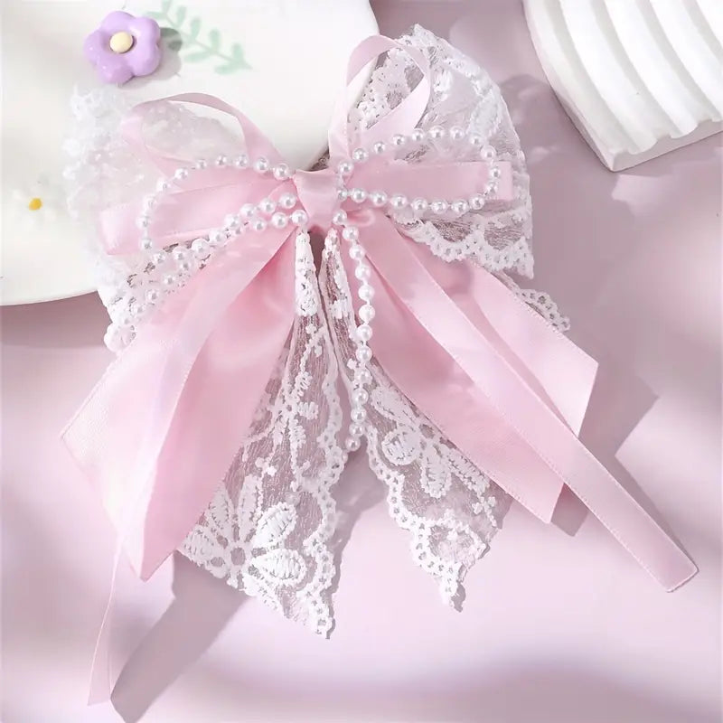 Sweet Lace Fabric Bow Hairpin with Faux Pearl Decoration — Elegant & Charming Women’s Hair Clip — 1pc