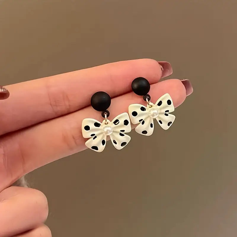 1Pair Elegant Polka Dot Faux Pearl Bow Drop Earrings for Women