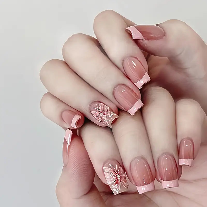 💖 24-Piece French Pink Butterfly Press-On Nail Kit 💖 Includes Jelly-Glue & Mini Nail File