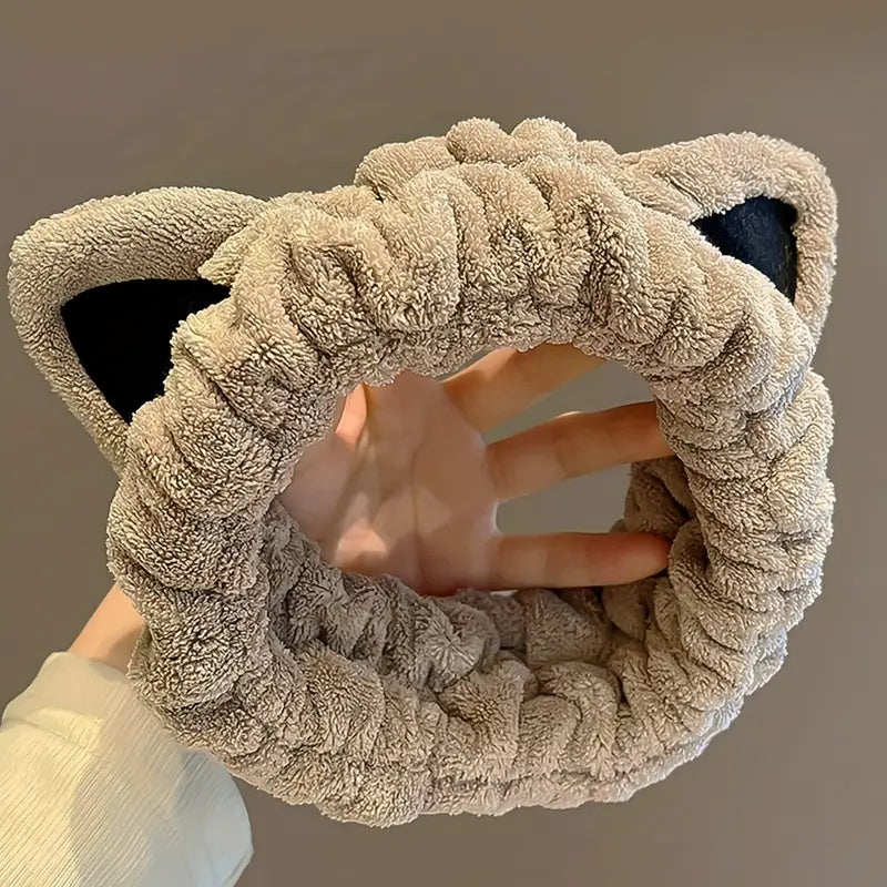 Fluffy Cat-Ear Spa Headband (1pc) – Soft, Stretchy & Absorbent | Keeps Hair Back for Face Washing, Makeup & Skincare
