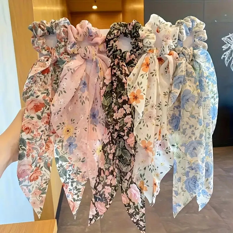 3/4/5-Piece Floral Hair Scrunchies with Elegant Bow & Tassel — Soft Fabric Hair Ties for Women — Durable, Decorative Hair Accessories for Everyday & Special Occasions