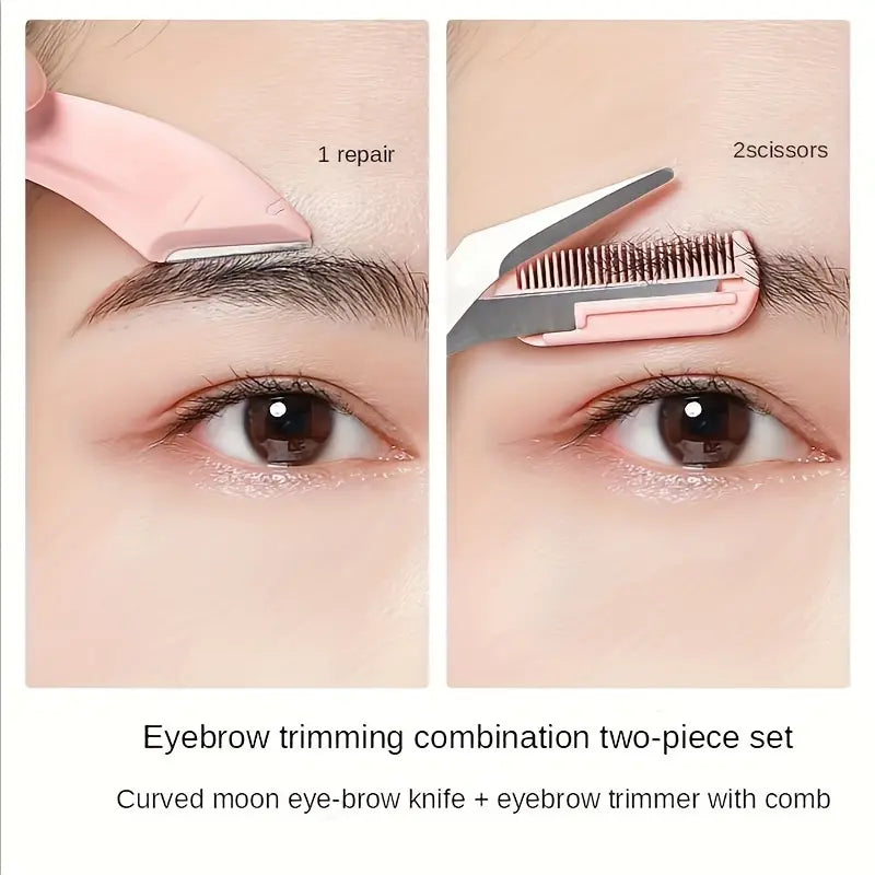 DIGRIMMS Pink Eyebrow Trimmer Scissors Set — 2pcs Curved Stainless Steel Scissors + Comb Guide — Non‑Slip Grip, Manual — Beginner‑Friendly Brow Shaping for Women & Men